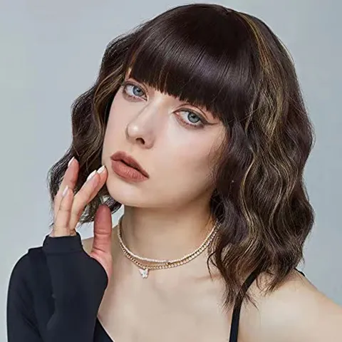 Kurze Wellen Bob Perücke aus hochtemperaturbeständiger Kunstfaser mit Luftpony Schulterlanges Flauschiges Haar für Damen
