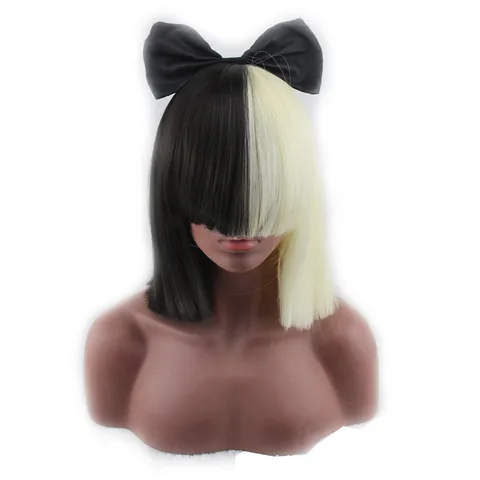 Synthetische Kurze Glatte Bob Perücke Schwarz Und Blond Zweifarbige Cosplay Perücke Mit Schwarzer Schleife Damen Tägliche Party Haarperücke