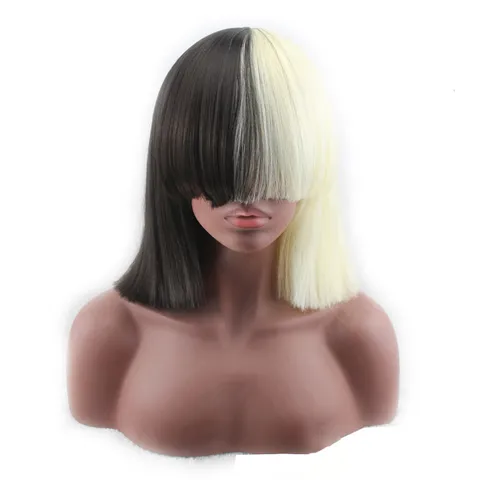 Synthetische Kurze Glatte Bob Perücke Schwarz Und Blond Zweifarbige Cosplay Perücke Mit Schwarzer Schleife Damen Tägliche Party Haarperücke
