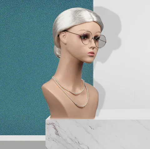 Alte Frau Cosplay Perücke Weiß Schwarz Omi Kostüm Perücke Mit Brille Und Perlenkette Für Party Bühne Performance