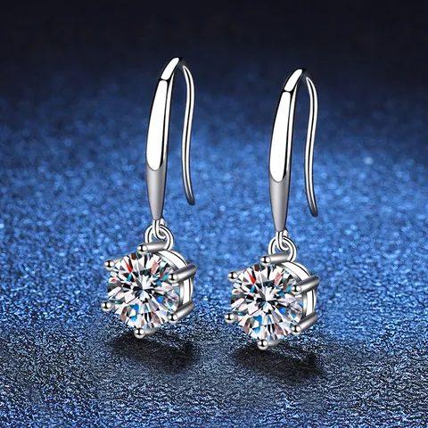 Pendientes de Gancho de Plata de Ley 925 con Moissanita para Mujer Corte Redondo Engaste de Seis Garras Elegantes Pendientes Colgantes