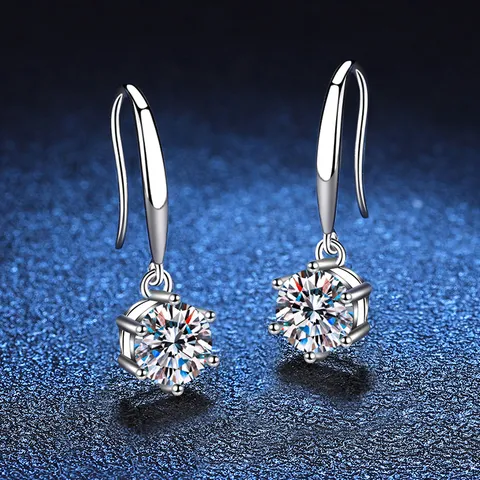 Pendientes de Gancho de Plata de Ley 925 con Moissanita para Mujer Corte Redondo Engaste de Seis Garras Elegantes Pendientes Colgantes
