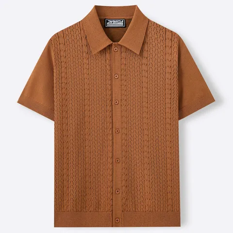 Men's Casual Knitted Polo Shirt Short Sleeve Button Down Cardigan Top With Cable Knit Texture For Summer Business Commuting