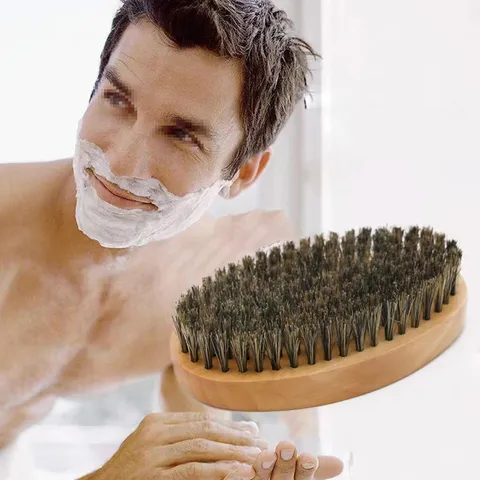 Men's Wooden Boar Bristle Beard Brush Oval Solid Wood Retro Oil Hair Styling Brush Facial Hair Grooming Tool