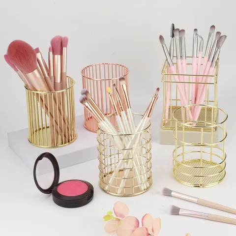 Stainless Steel Metal Makeup Brush Storage Bucket Hollow Mesh Desk Organizer Cosmetic Holder For Vanity Table Makeup Tools