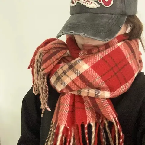 Bufanda de Cachemir de Imitación Cálida de Invierno para Mujer Cuadros Clásicos Borlas Calentador de Cuello Suave Retro Accesorios de Moda