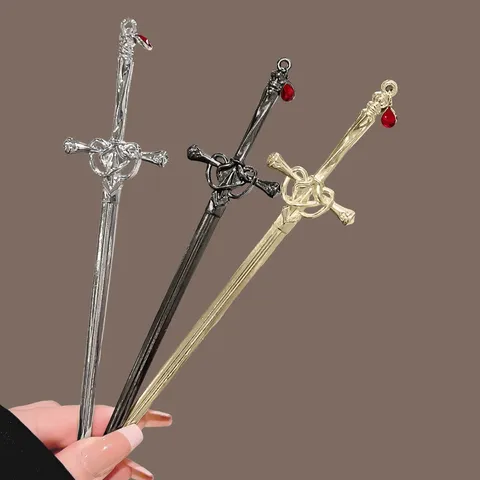 New Chinese Style Alloy Sword Hair Stick Vintage Retro Hairpin With Red Rhinestone Waterdrop Pendant For Women Hair Styling
