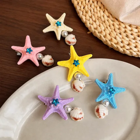 Summer Resort Style Resin Alloy Starfish Seashell Hair Clip Sweet Artificial Pearl Rhinestone Alligator Side Clip For Women Hair Accessories