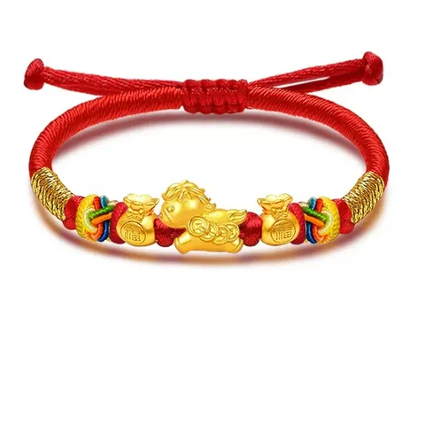 Damen Neuer Chinesischer Stil Rote Kordel Tierkreiszeichen Pferd Armband Glückstasche Ginkgoblatt Klee Anhänger Handgewebt Schmuck