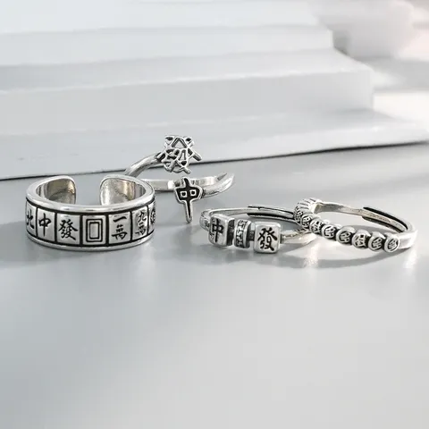 Retro Ethischer Stil Mahjong Kupfer Offener Ring Für Damen Vintage Thai Silber Glück Verstellbarer Fingerring Schmuck