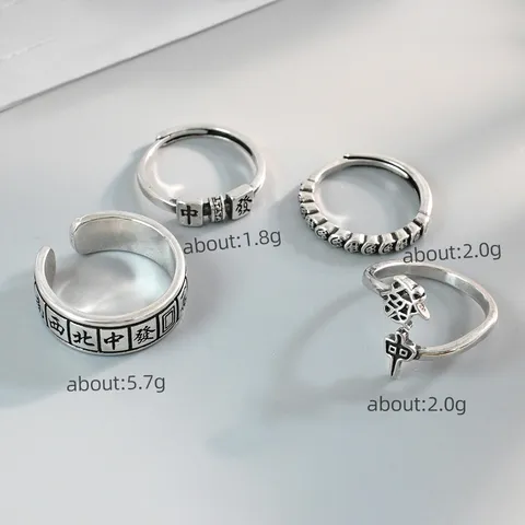 Retro Ethischer Stil Mahjong Kupfer Offener Ring Für Damen Vintage Thai Silber Glück Verstellbarer Fingerring Schmuck