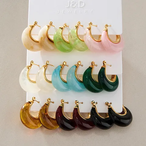 Chunky U-Shape Stainless Steel Hoop Earrings With Marble Resin Moon Style Fashion Jewelry For Women Everyday Accessory