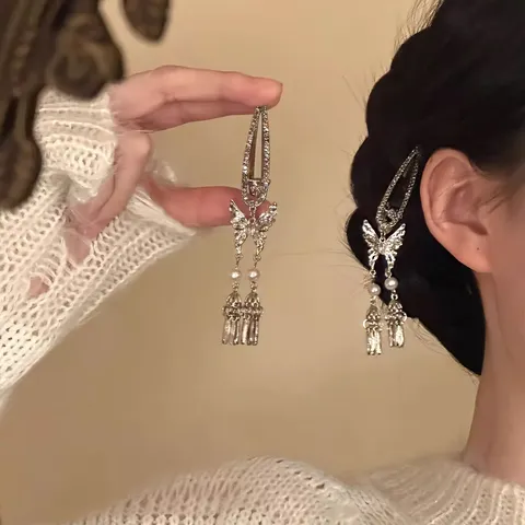 Vintage Alloy Rhinestone Artificial Pearl Butterfly Tassel Hair Clips Chinese Style Flower Hairpin Headwear For Women