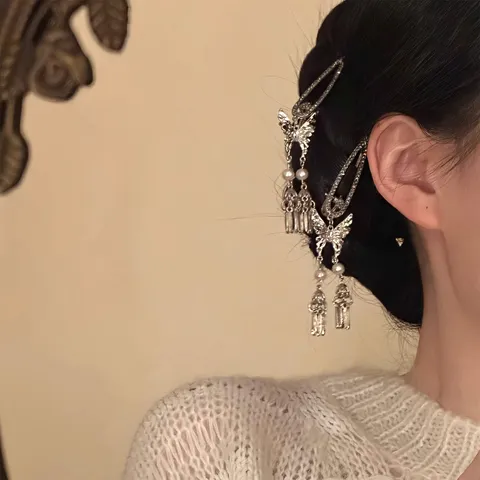 Vintage Alloy Rhinestone Artificial Pearl Butterfly Tassel Hair Clips Chinese Style Flower Hairpin Headwear For Women