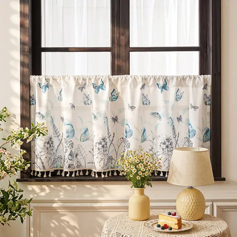American Pastoral Style Short Curtain Butterfly Floral Printed Rod Pocket Half Curtain With Tassel For Kitchen Window Decor