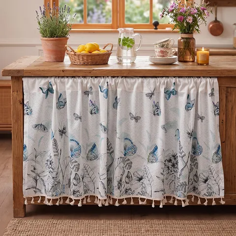 American Pastoral Style Short Curtain Butterfly Floral Printed Rod Pocket Half Curtain With Tassel For Kitchen Window Decor