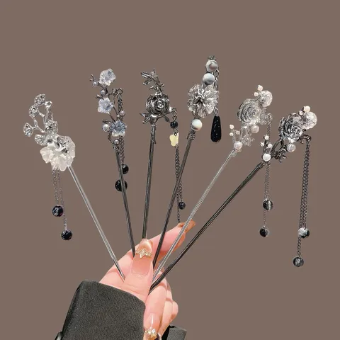 New Chinese Style Vintage Ink Rose Flower Tassel Hair Stick Alloy Rhinestone Artificial Pearl Hair Pin for Women Hanfu