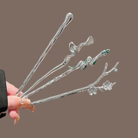 Vintage Alloy Metal Hair Stick For Women New Chinese Style Elegant Plum Blossom Snake Irregular Hairpin Chignon Pin