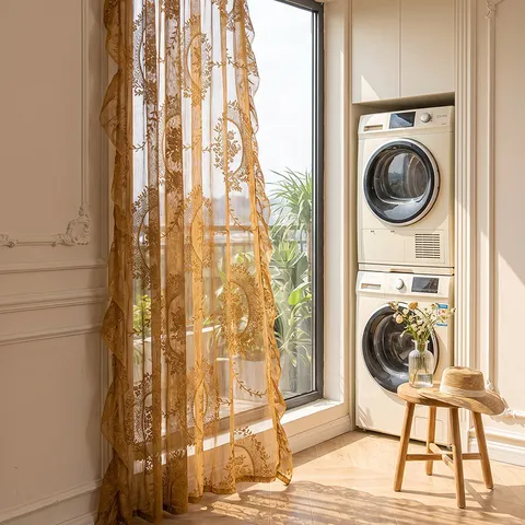 Rideau en Dentelle à Motif Médaillon Floral Vintage de Style Français Avec Bordure à Volants Panneau de Fenêtre en Polyester Semi-Transparent Pour Chambre Salon