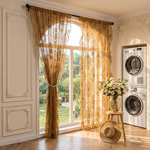 Rideau en Dentelle à Motif Médaillon Floral Vintage de Style Français Avec Bordure à Volants Panneau de Fenêtre en Polyester Semi-Transparent Pour Chambre Salon