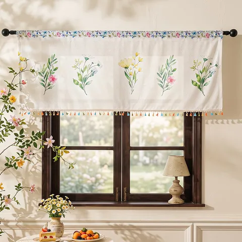 American Pastoral Floral Butterfly Printed Coffee Curtain With Tassels Polyester Kitchen Short Tier Window Curtain Home Decor