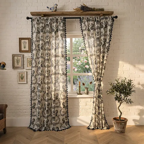 Pastoral Polyester Window Curtain Tassel Trim Printed Slub Linen Look Semi-Shading Ready-Made Drapery Panel For Living Room Bedroom Home Decor
