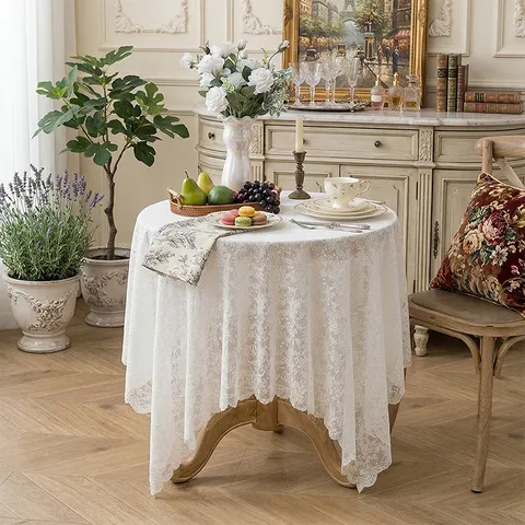 Mantel de Encaje Jacquard Vintage Francés Blanco Beige Cubierta de Mesa Antipolv Floral para Mesa de Hogar Fondo de Fotografía