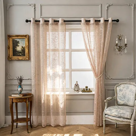 Französischer Vintage Creme Stil Polyester Gardine Elegant Abstrakt Zweigmuster Halbtransparent Privatsphäre Ösen Vorhang Für Wohnzimmer Schlafzimmer