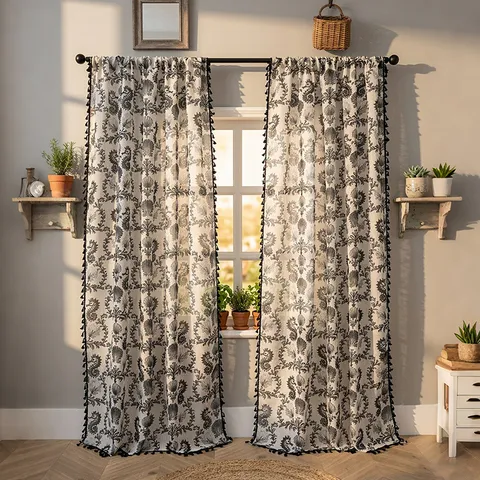 Pastoral Polyester Window Curtain Tassel Trim Printed Slub Linen Look Semi-Shading Ready-Made Drapery Panel For Living Room Bedroom Home Decor