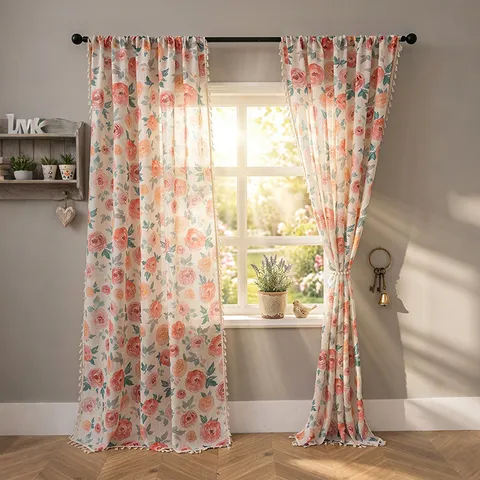 Tende Confezionate Pastorale Fresco Texture Lino Con Bordo Frange Stampa Botanica Tulipani Rose Semi Oscurante Pannelli Tenda In Poliestere Per Soggiorno Camera Da Letto