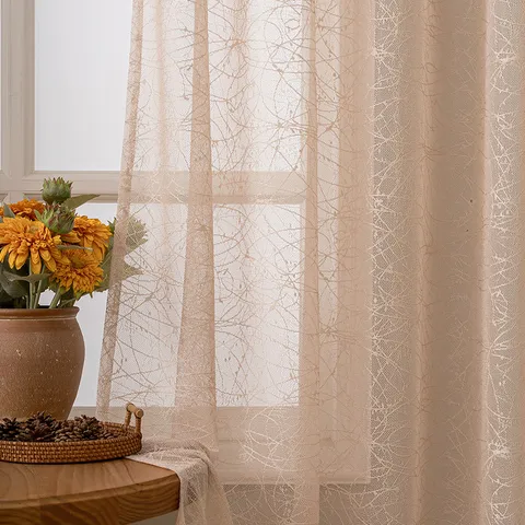 Französischer Vintage Creme Stil Polyester Gardine Elegant Abstrakt Zweigmuster Halbtransparent Privatsphäre Ösen Vorhang Für Wohnzimmer Schlafzimmer