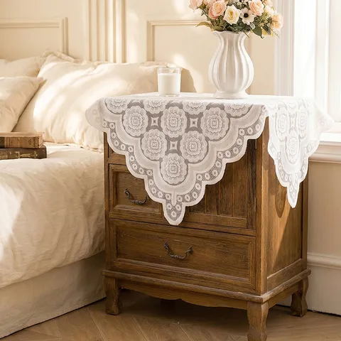 Pastoral Lace White Hollow Out Decorative Tablecloth American Country Style Botanical Floral Pattern Overlay Cover Cloth Home Decor