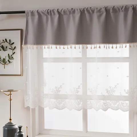 American Country Spliced Floral Lace Short Curtain Gray White Embroidered Tassel Valance For Kitchen Bedroom Window Cafe Decor
