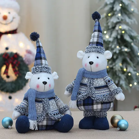 Weihnachten Stoff Bär Puppe Tischdeko Seeblau Karierter Hut Schal Mantel Cartoon Eisbär Figur Festgeschenk Wohndekoration