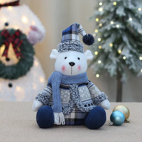 Weihnachten Stoff Bär Puppe Tischdeko Seeblau Karierter Hut Schal Mantel Cartoon Eisbär Figur Festgeschenk Wohndekoration