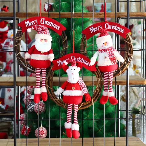 Weihnachtskranz Rattanring Hängedekoration Weihnachtsmann Schneemann Elch Plüschpuppe Haustür Wandbehang Feiertags Party Dekoration