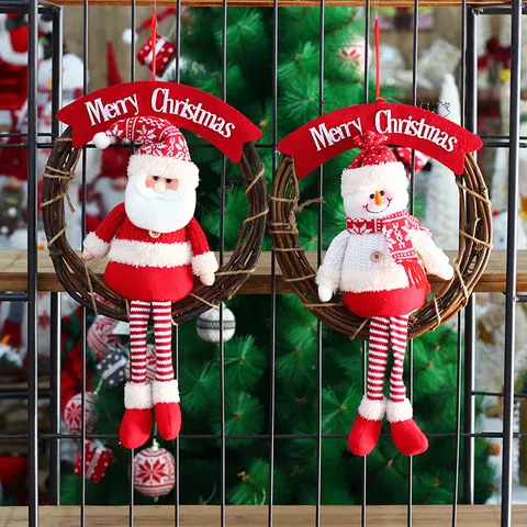 Weihnachtskranz Rattanring Hängedekoration Weihnachtsmann Schneemann Elch Plüschpuppe Haustür Wandbehang Feiertags Party Dekoration