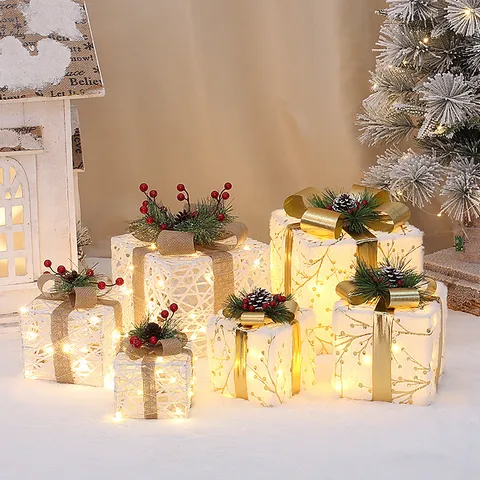 Weihnachten Leuchtende Geschenkbox Ornamente Metallrahmen Stoff Schleife Dekorative Feiertagsdekoration Für Einkaufszentrum Hotel Zuhause Party Tischdeko