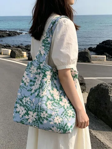 Koreanischer Stil Blumen Canvas Tragetasche Lässig Leicht Große Kapazität Umhängetasche Bedruckt Offen Handtasche Für Damen Alltag