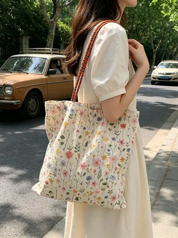 Japanischer Stil Blumen Gestickt Leinwand Tote Bag Künstlerische Große Kapazität Schulterhandtasche Mit Geflochtenem Gurtband Für Damen