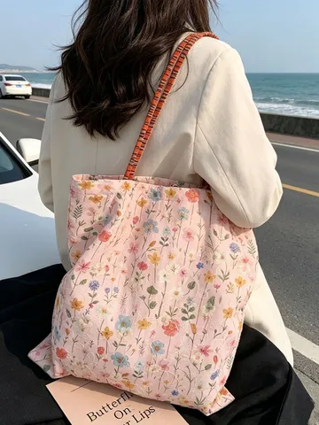 Japanischer Stil Blumen Gestickt Leinwand Tote Bag Künstlerische Große Kapazität Schulterhandtasche Mit Geflochtenem Gurtband Für Damen