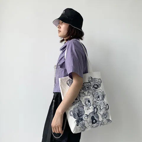Japanese Harajuku Style Women Canvas Tote Bag Cartoon Bear Printed Shoulder Handbag Retro Large Capacity School Travel Cotton Fabric Shopper Bag