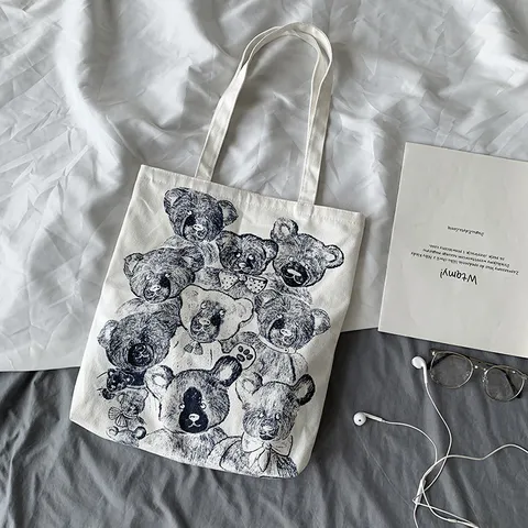 Japanese Harajuku Style Women Canvas Tote Bag Cartoon Bear Printed Shoulder Handbag Retro Large Capacity School Travel Cotton Fabric Shopper Bag