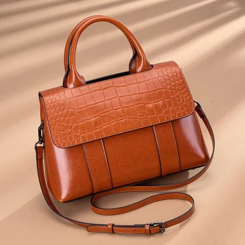 Women Genuine Leather Handbag Retro Crocodile Embossed Oil Wax Top Handle Satchel Bag Casual Vintage Shoulder Tote Bag