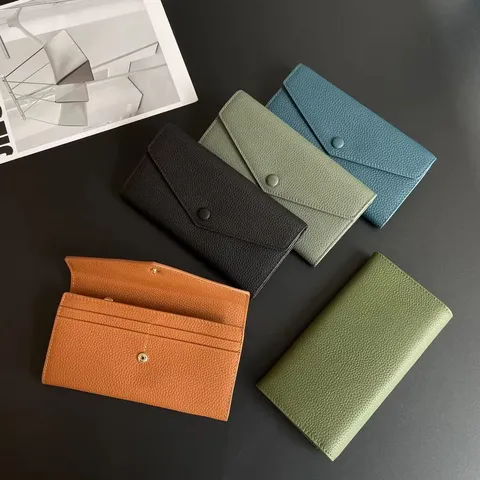 Damen Lange Geldbörse Oberste Schicht Rindsleder Kuvert Clutch Vintage Einfarbig Druckknopf Verschluss Casual Alltagshandtasche