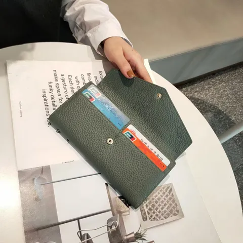 Damen Lange Geldbörse Oberste Schicht Rindsleder Kuvert Clutch Vintage Einfarbig Druckknopf Verschluss Casual Alltagshandtasche