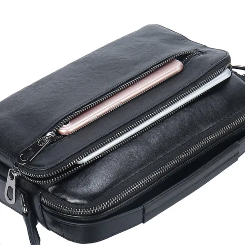 Bolso Bandolera de Cuero Verdadero para Hombre Piel de Vaca Bolso de Negocios Crossbody Múltiples Bolsillos Bolso