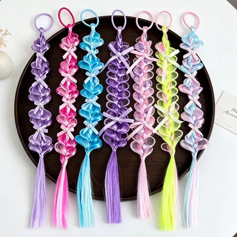 Kids Synthetic Fiber Wig Hair Ties With Artificial Pearl Bowknot Extension Gradient Color Braid Hair Elastic Band Accessories For Little Girls