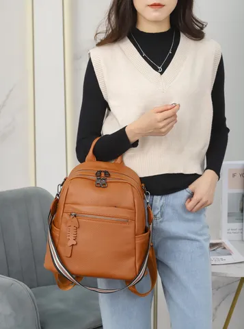 Women's Genuine Cowhide Leather Backpack Casual Urban Minimalist School Bookbag Multi-Pocket Travel Daypack