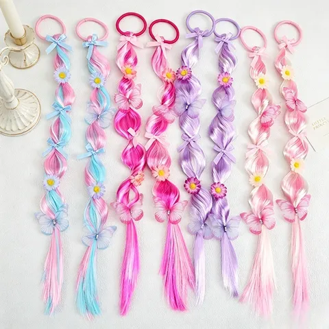 Sweet Kids Butterfly Floral Braided Synthetic Ponytail Hair Elastics Cartoon Extension Hairpiece Hair Bands Accessories For Girls
